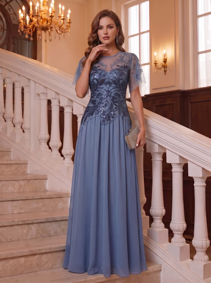 ever LUSTRE|robe longue évasée à manches courtes avec volants sequins et broderies