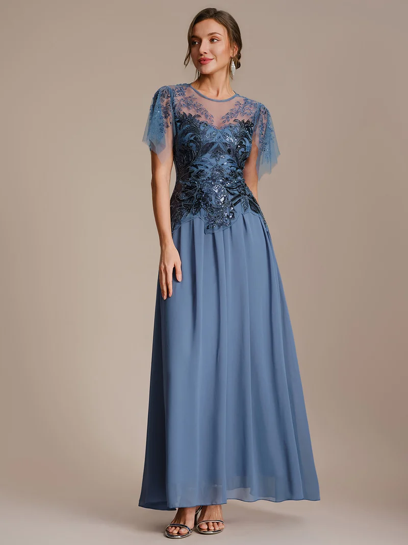 ever LUSTRE|robe longue évasée à manches courtes avec volants sequins et broderies