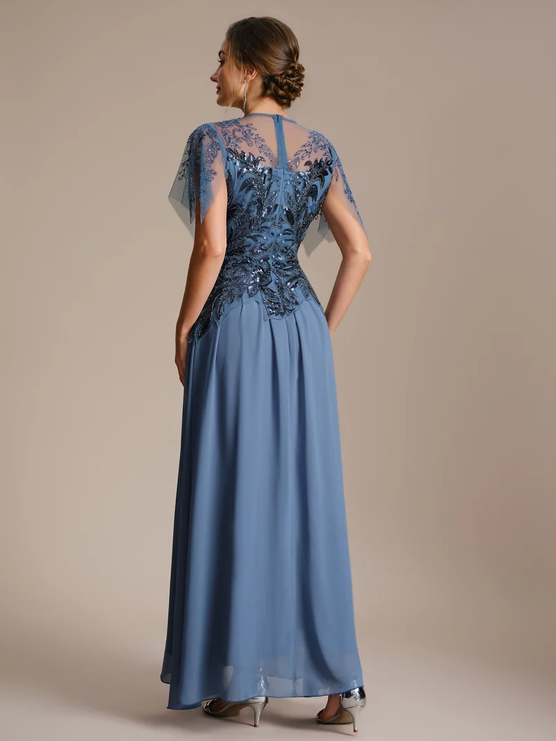 ever LUSTRE|robe longue évasée à manches courtes avec volants sequins et broderies