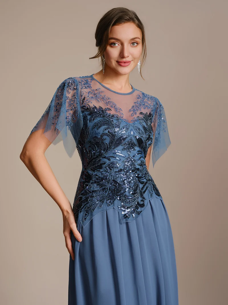 ever LUSTRE|robe longue évasée à manches courtes avec volants sequins et broderies