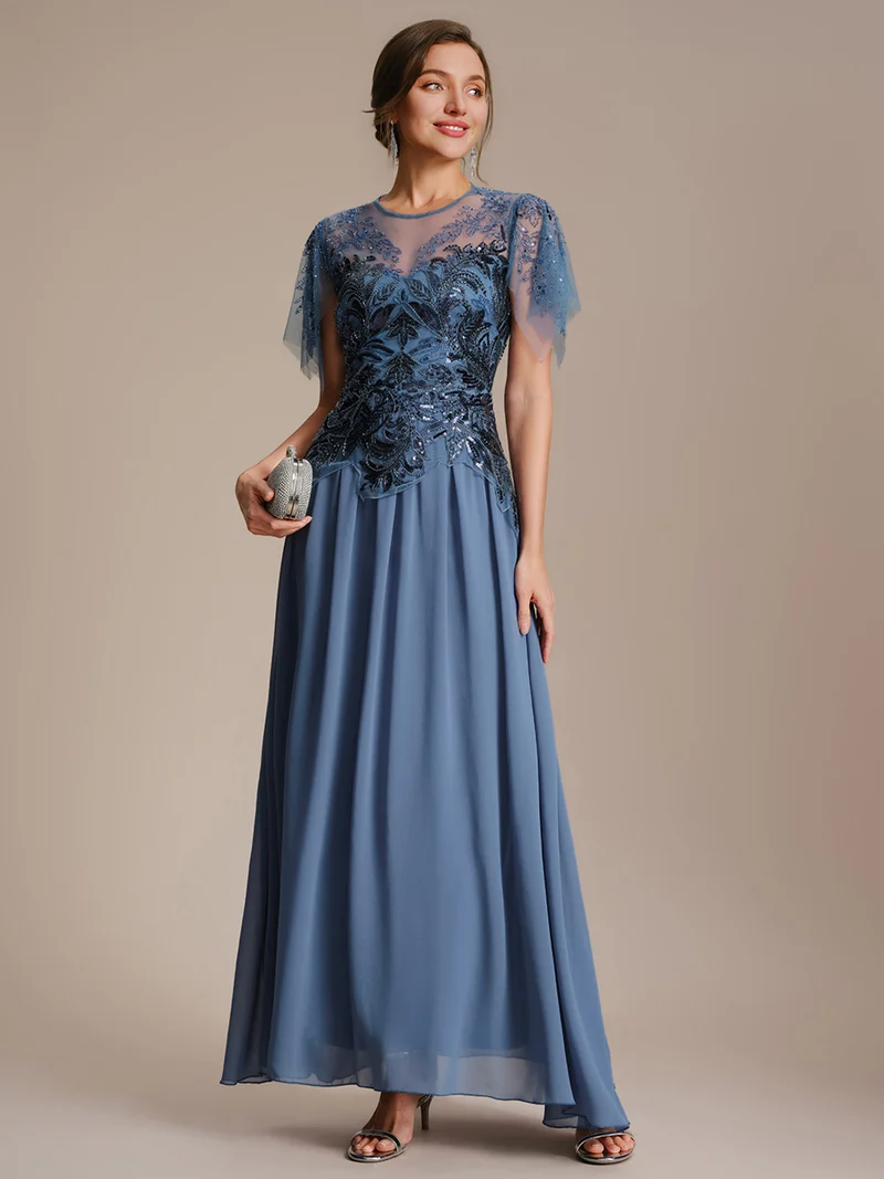 ever LUSTRE|robe longue évasée à manches courtes avec volants sequins et broderies