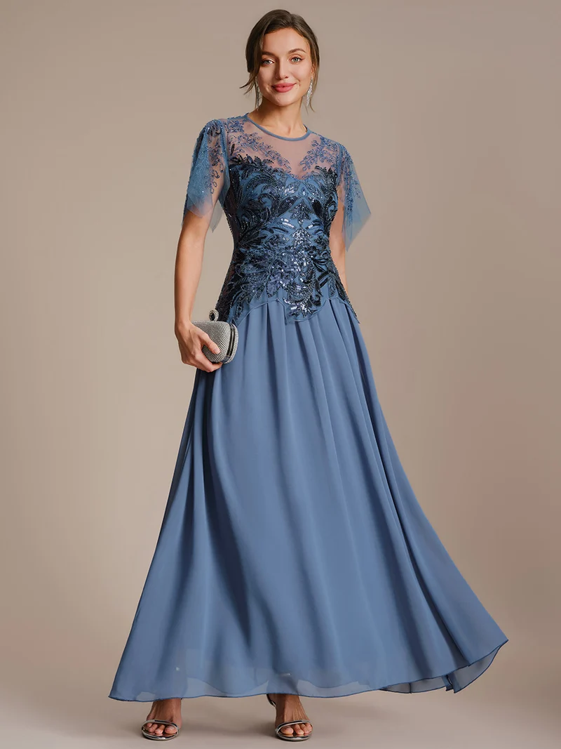 ever LUSTRE|robe longue évasée à manches courtes avec volants sequins et broderies