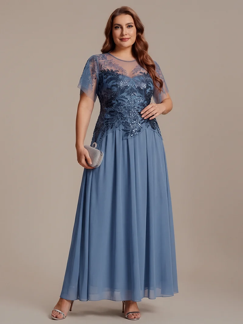 ever LUSTRE|robe longue évasée à manches courtes avec volants sequins et broderies