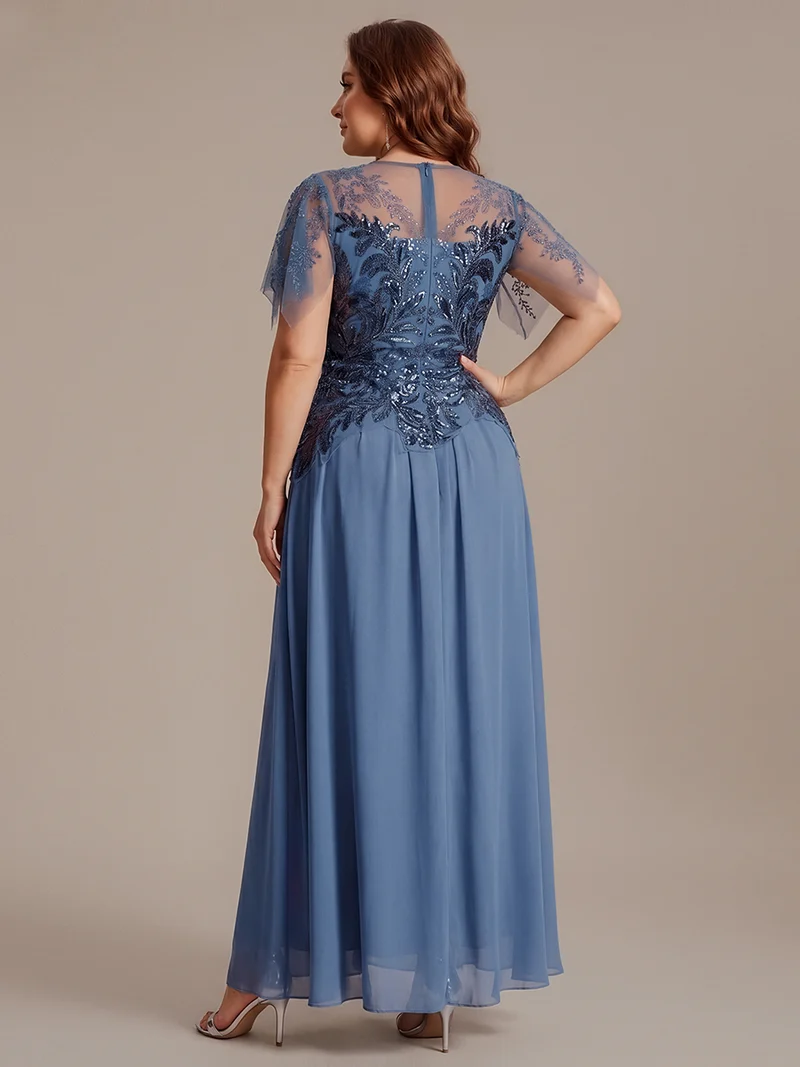 ever LUSTRE|robe longue évasée à manches courtes avec volants sequins et broderies
