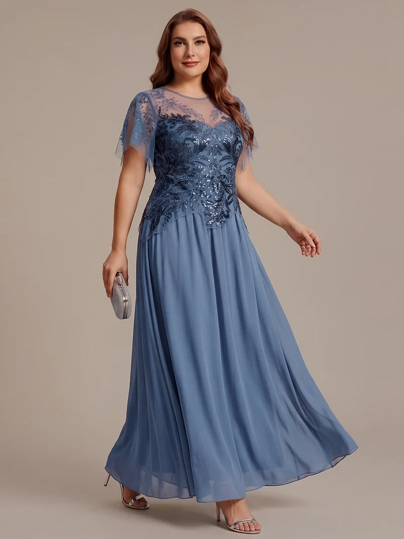 ever LUSTRE|robe longue évasée à manches courtes avec volants sequins et broderies