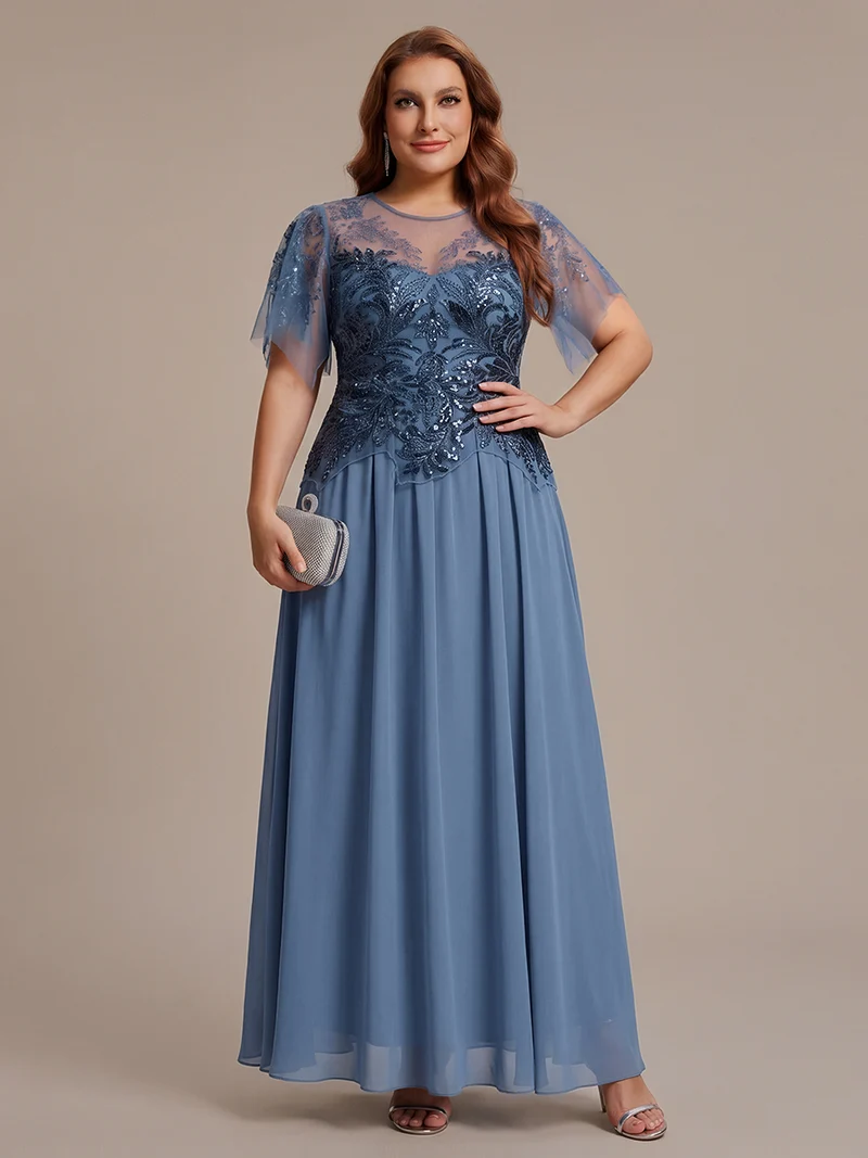 ever LUSTRE|robe longue évasée à manches courtes avec volants sequins et broderies