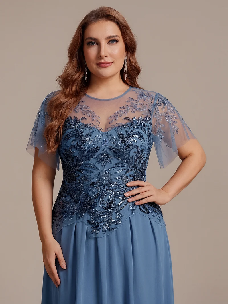 ever LUSTRE|robe longue évasée à manches courtes avec volants sequins et broderies