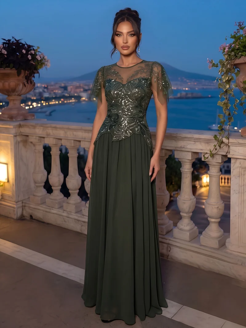 ever LUSTRE|robe longue évasée à manches courtes avec volants sequins et broderies