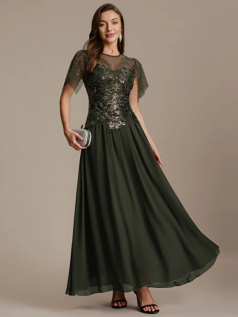 ever LUSTRE|robe longue évasée à manches courtes avec volants sequins et broderies
