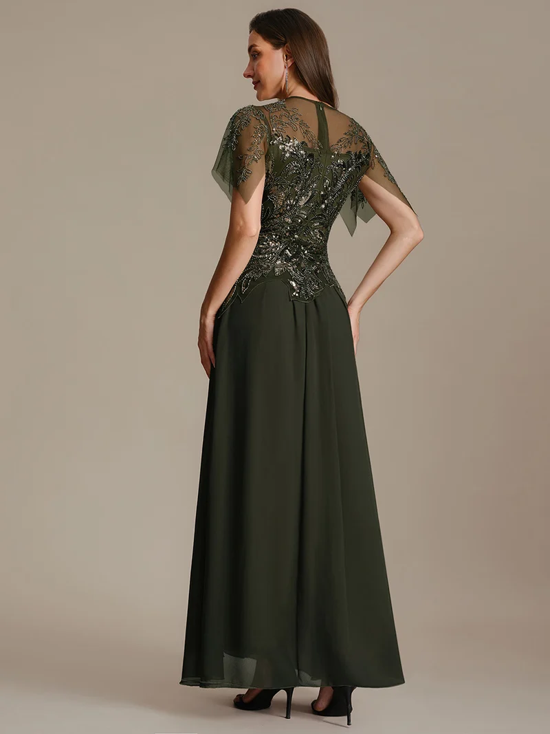 ever LUSTRE|robe longue évasée à manches courtes avec volants sequins et broderies
