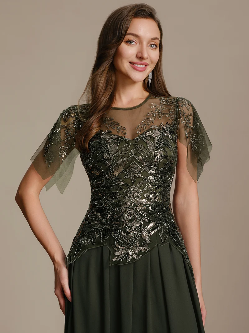 ever LUSTRE|robe longue évasée à manches courtes avec volants sequins et broderies