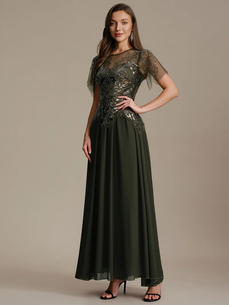ever LUSTRE|robe longue évasée à manches courtes avec volants sequins et broderies