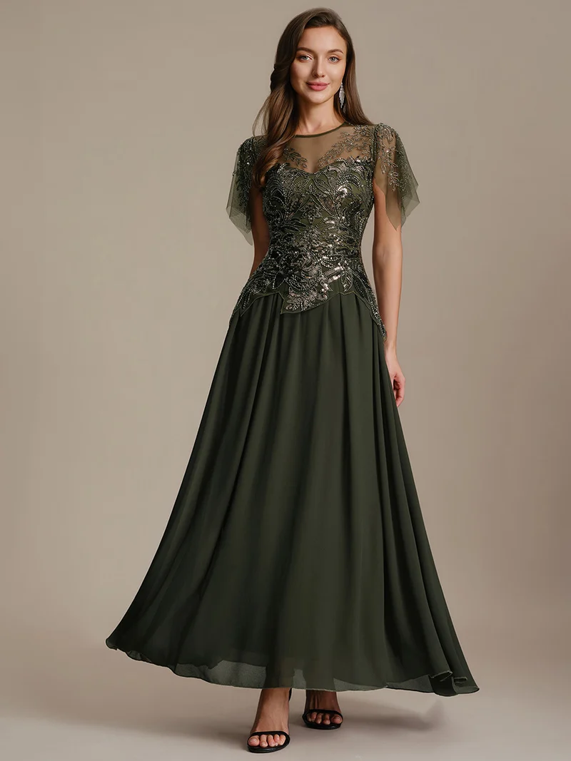 ever LUSTRE|robe longue évasée à manches courtes avec volants sequins et broderies