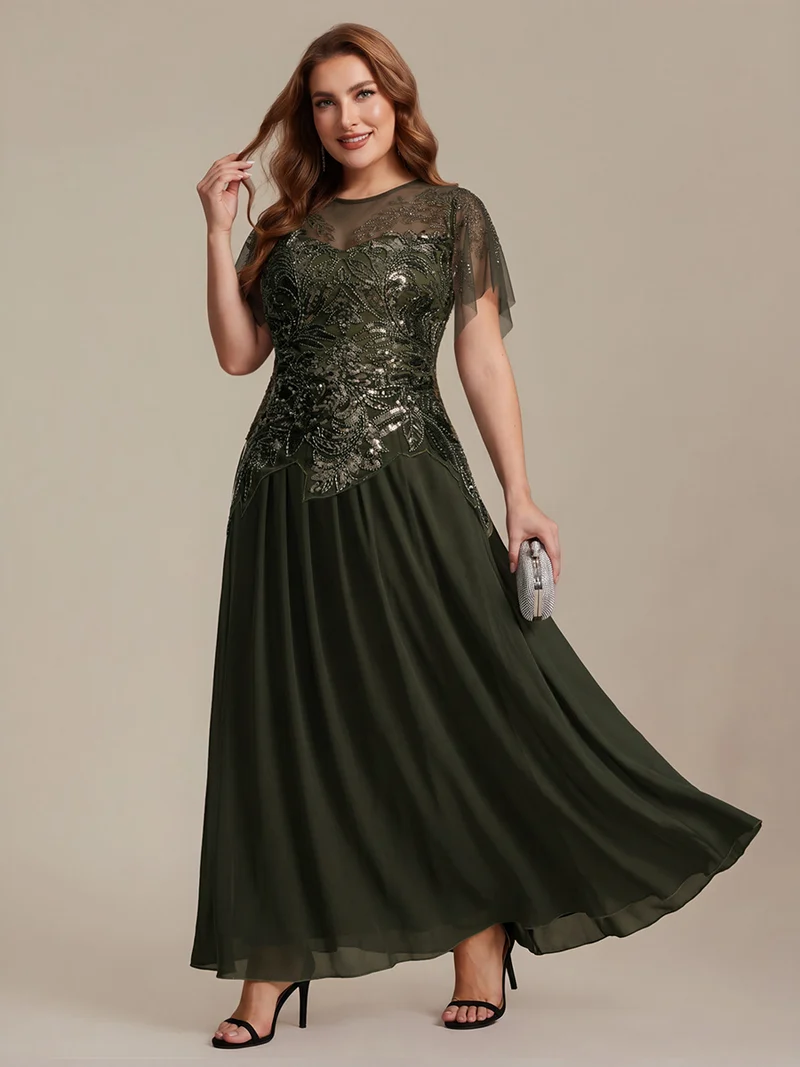 ever LUSTRE|robe longue évasée à manches courtes avec volants sequins et broderies
