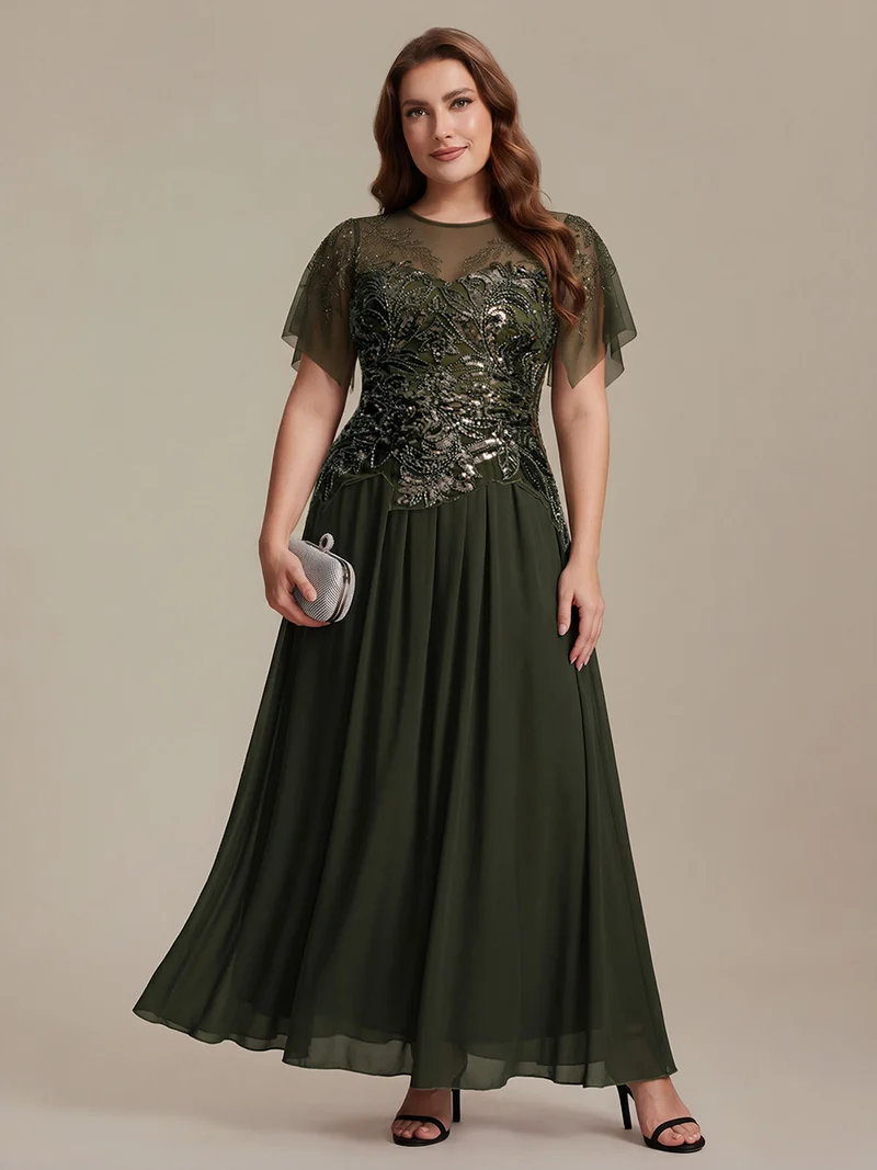 ever LUSTRE|robe longue évasée à manches courtes avec volants sequins et broderies