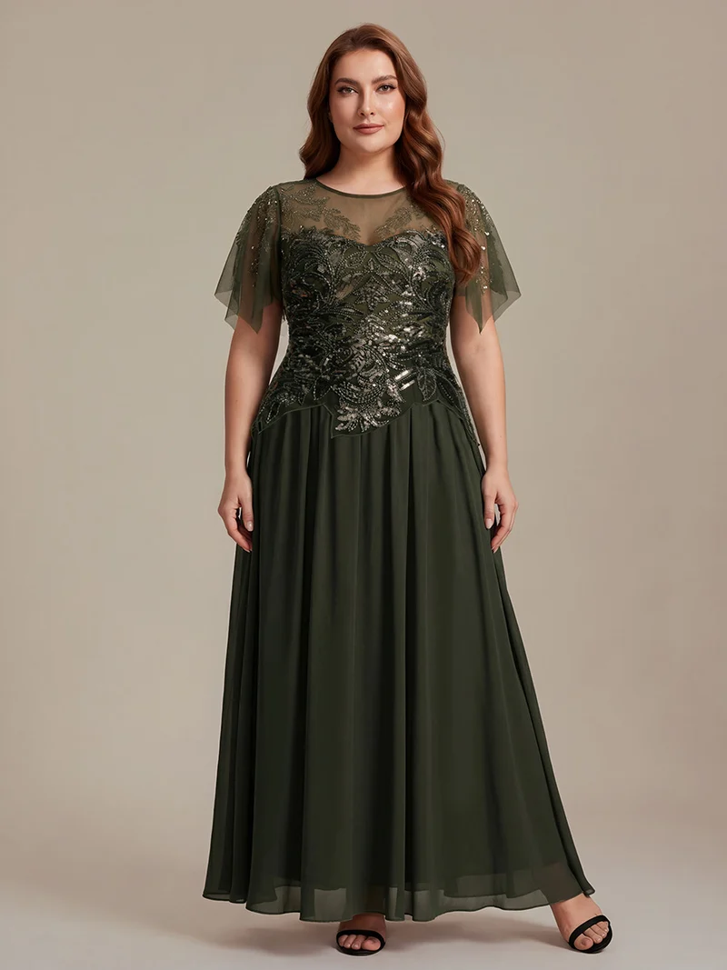 ever LUSTRE|robe longue évasée à manches courtes avec volants sequins et broderies