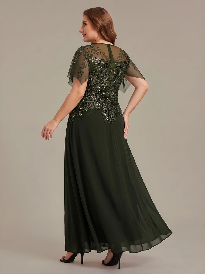 ever LUSTRE|robe longue évasée à manches courtes avec volants sequins et broderies