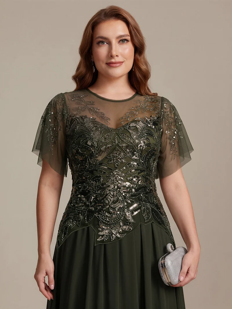 ever LUSTRE|robe longue évasée à manches courtes avec volants sequins et broderies