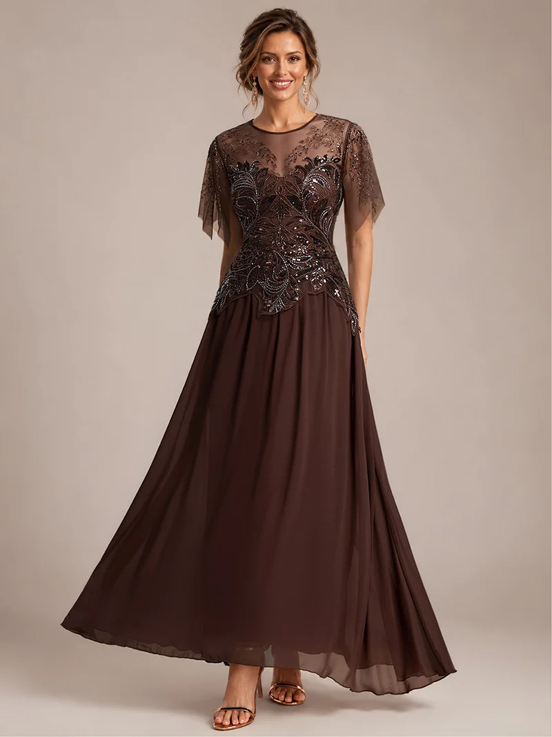 ever LUSTRE|robe longue évasée à manches courtes avec volants sequins et broderies