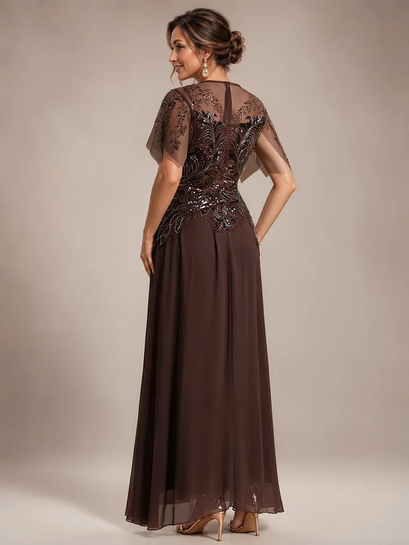 ever LUSTRE|robe longue évasée à manches courtes avec volants sequins et broderies