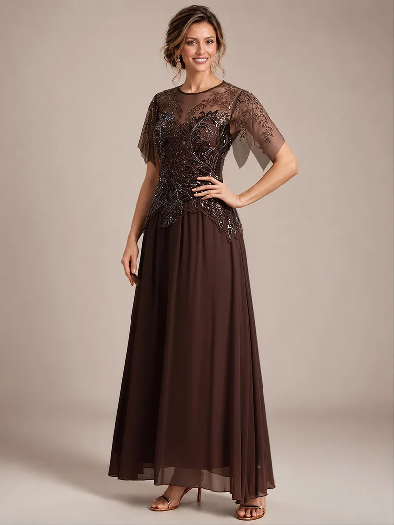 ever LUSTRE|robe longue évasée à manches courtes avec volants sequins et broderies
