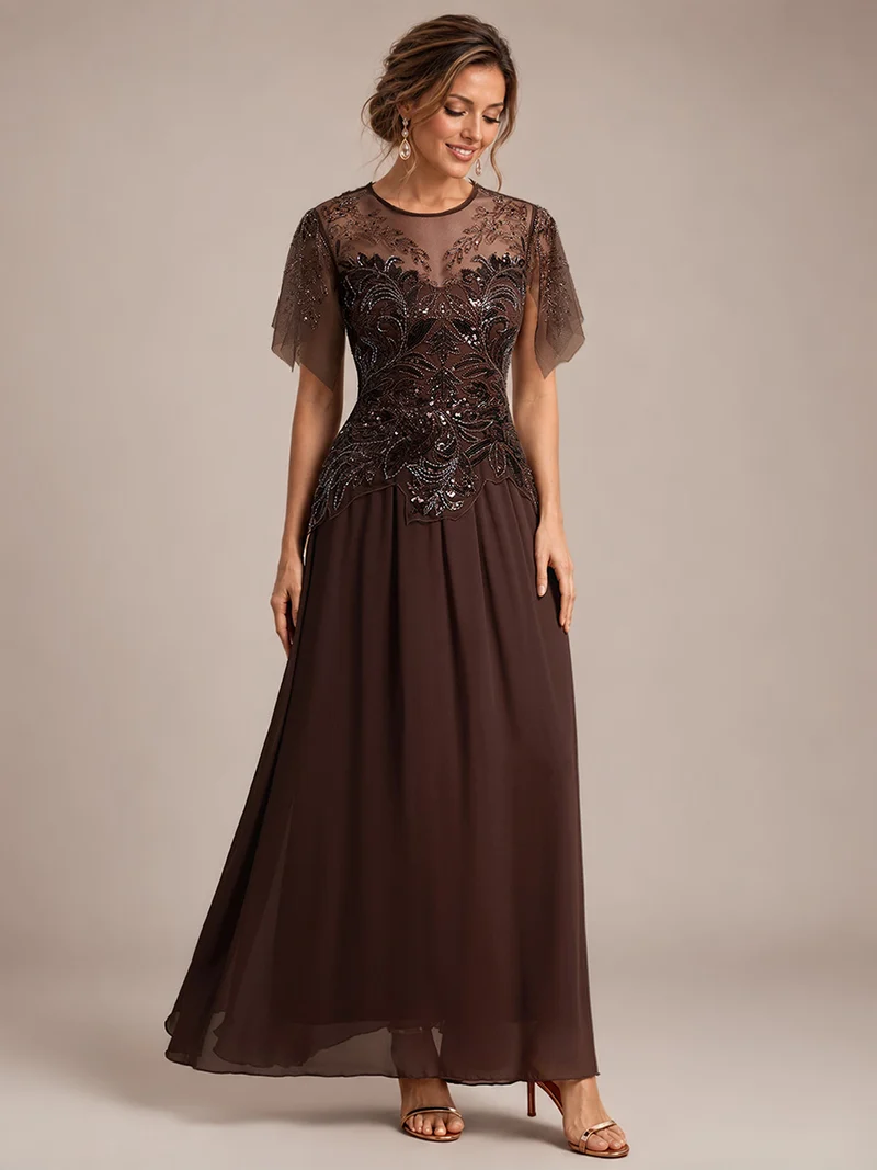 ever LUSTRE|robe longue évasée à manches courtes avec volants sequins et broderies