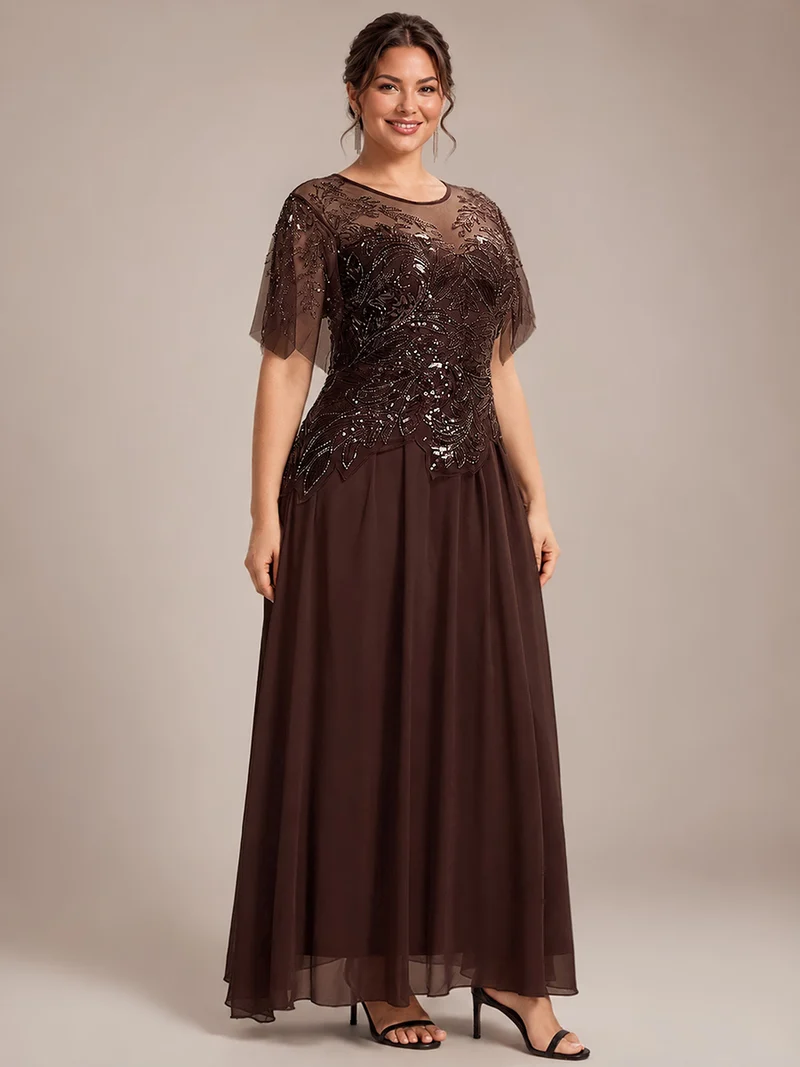 ever LUSTRE|robe longue évasée à manches courtes avec volants sequins et broderies