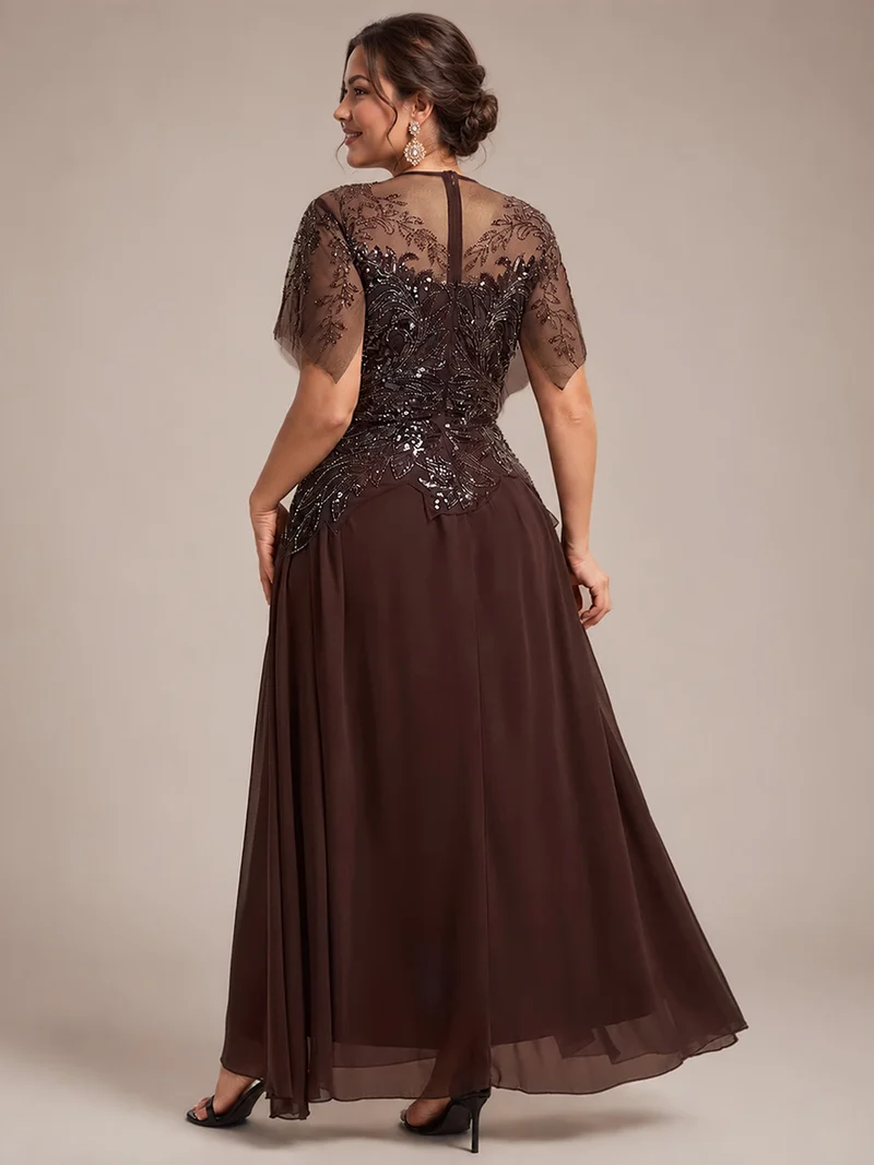 ever LUSTRE|robe longue évasée à manches courtes avec volants sequins et broderies
