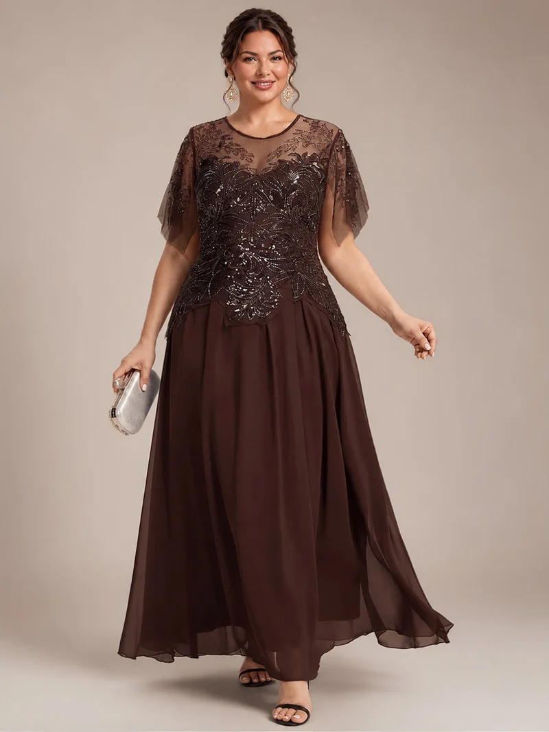 ever LUSTRE|robe longue évasée à manches courtes avec volants sequins et broderies