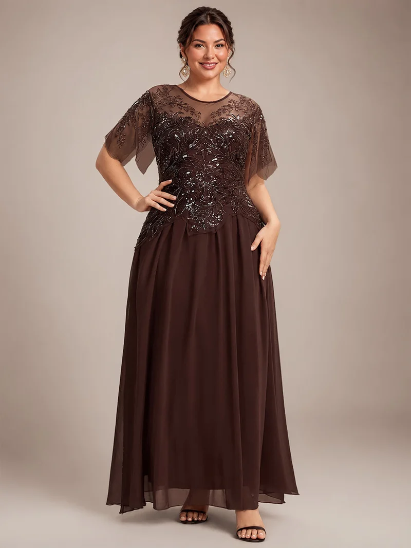 ever LUSTRE|robe longue évasée à manches courtes avec volants sequins et broderies