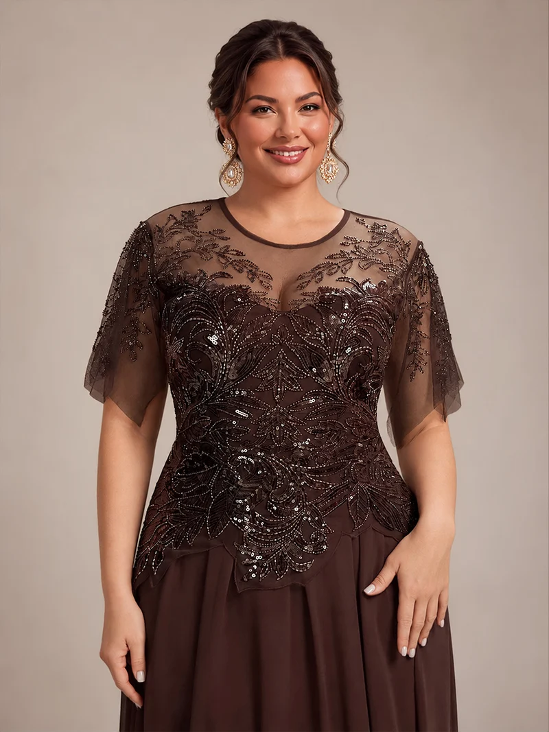 ever LUSTRE|robe longue évasée à manches courtes avec volants sequins et broderies