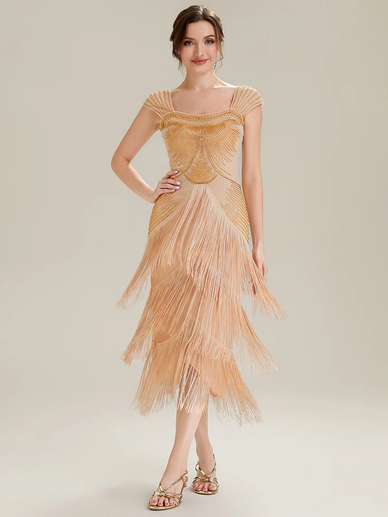 ever LUMINE|Robe midi à bretelles en forme de fourreau ornée de perles et de sequins avec décolleté carré