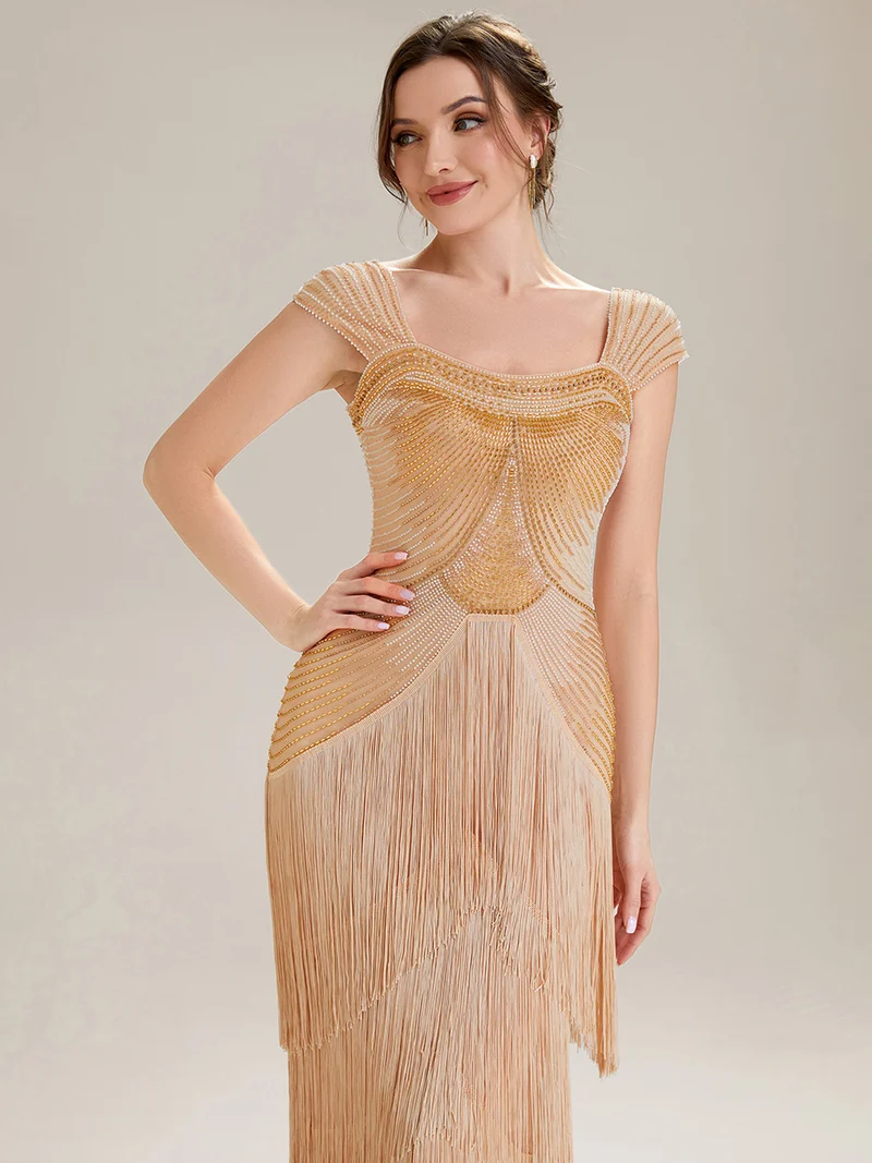 ever LUMINE|Robe midi à bretelles en forme de fourreau ornée de perles et de sequins avec décolleté carré