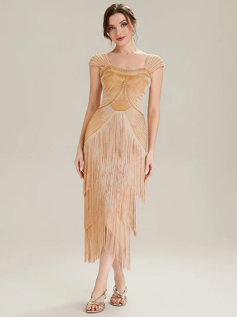 ever LUMINE|Robe midi à bretelles en forme de fourreau ornée de perles et de sequins avec décolleté carré