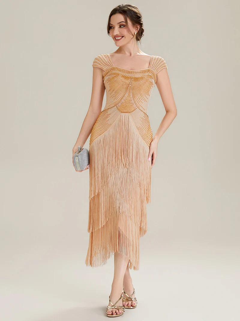 ever LUMINE|Robe midi à bretelles en forme de fourreau ornée de perles et de sequins avec décolleté carré