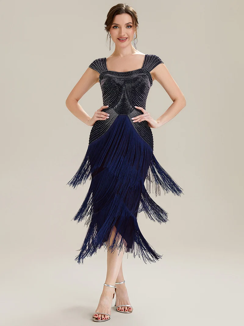 ever LUMINE|Robe midi à bretelles en forme de fourreau ornée de perles et de sequins avec décolleté carré