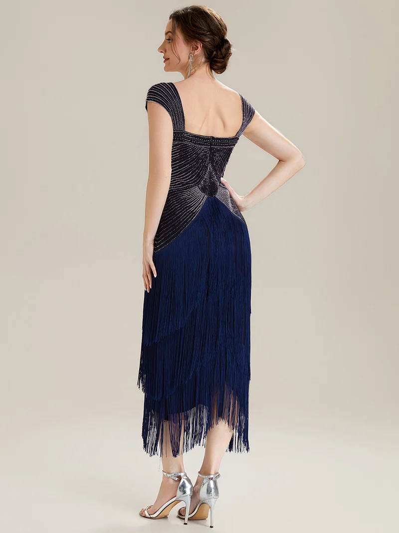ever LUMINE|Robe midi à bretelles en forme de fourreau ornée de perles et de sequins avec décolleté carré
