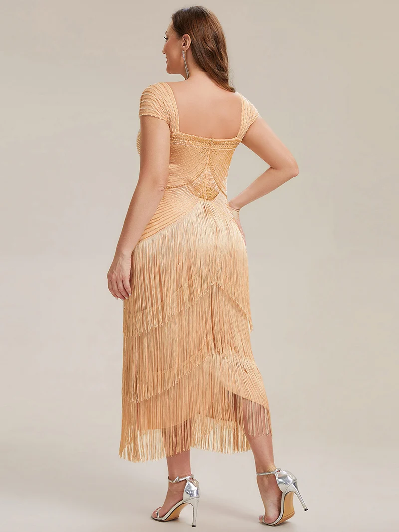 ever LUMINE|Robe midi à bretelles en forme de fourreau ornée de perles et de sequins avec décolleté carré