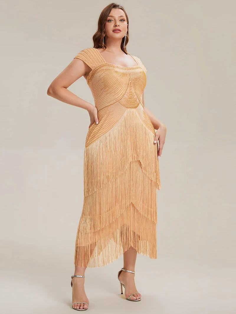 ever LUMINE|Robe midi à bretelles en forme de fourreau ornée de perles et de sequins avec décolleté carré