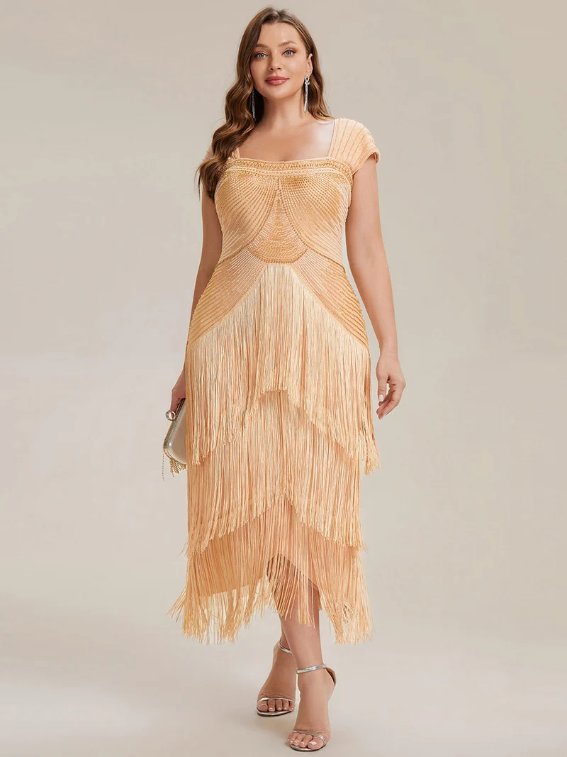 ever LUMINE|Robe midi à bretelles en forme de fourreau ornée de perles et de sequins avec décolleté carré