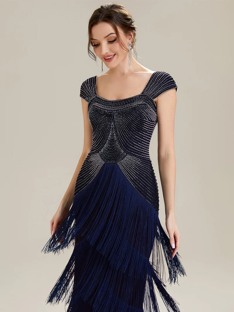 ever LUMINE|Robe midi à bretelles en forme de fourreau ornée de perles et de sequins avec décolleté carré
