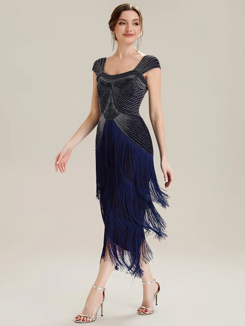 ever LUMINE|Robe midi à bretelles en forme de fourreau ornée de perles et de sequins avec décolleté carré