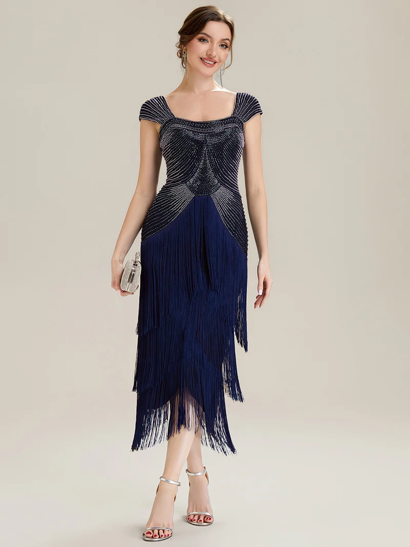 ever LUMINE|Robe midi à bretelles en forme de fourreau ornée de perles et de sequins avec décolleté carré