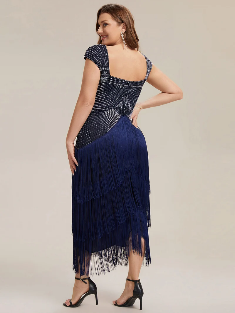 ever LUMINE|Robe midi à bretelles en forme de fourreau ornée de perles et de sequins avec décolleté carré