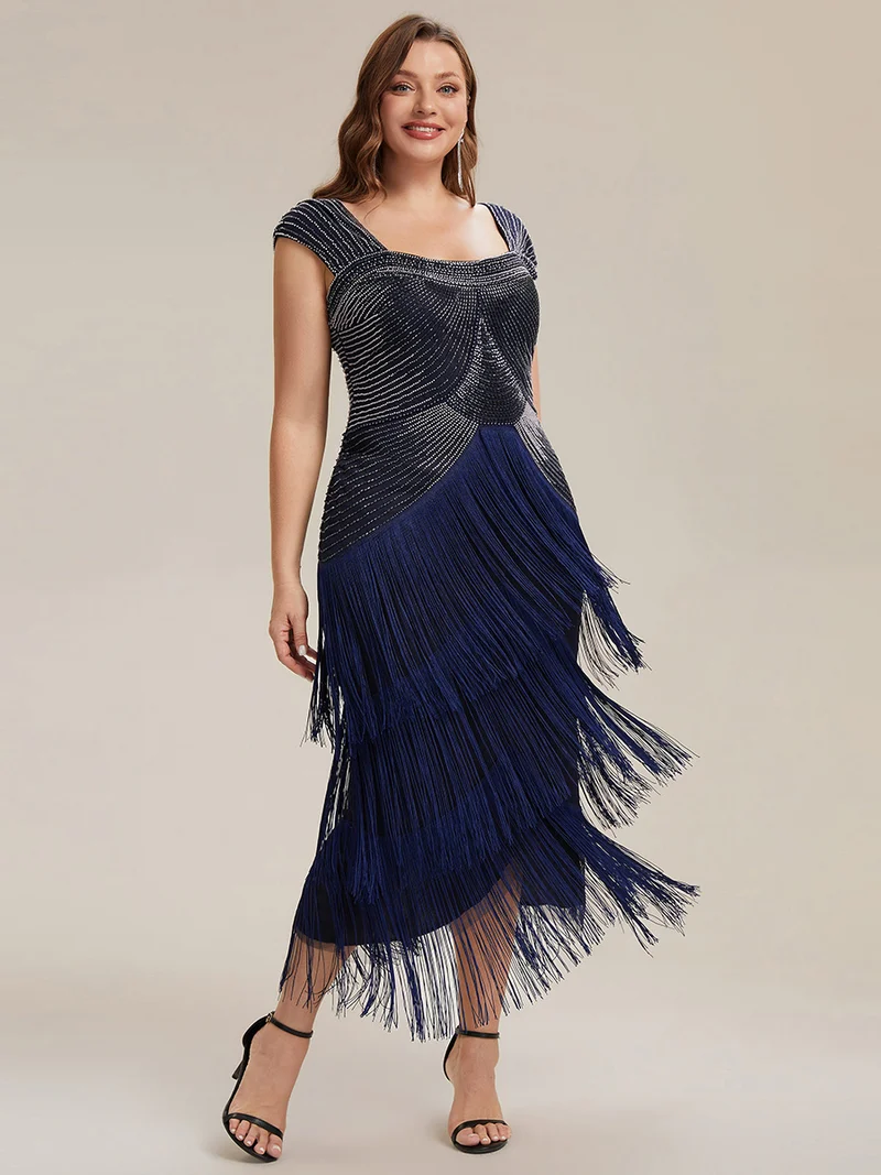 ever LUMINE|Robe midi à bretelles en forme de fourreau ornée de perles et de sequins avec décolleté carré