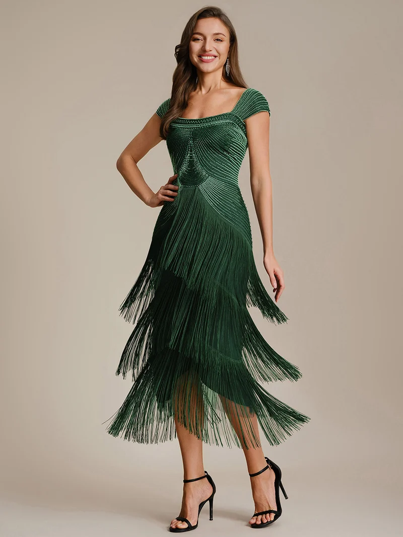 ever LUMINE|Robe midi à bretelles en forme de fourreau ornée de perles et de sequins avec décolleté carré