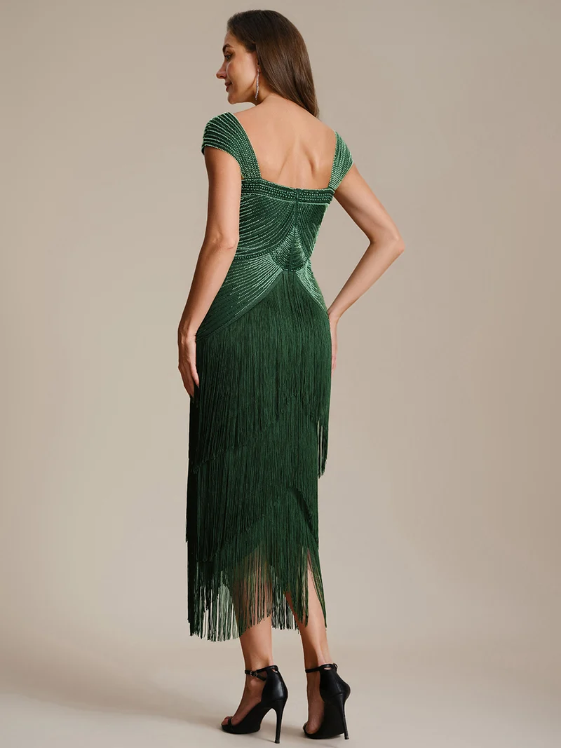 ever LUMINE|Robe midi à bretelles en forme de fourreau ornée de perles et de sequins avec décolleté carré