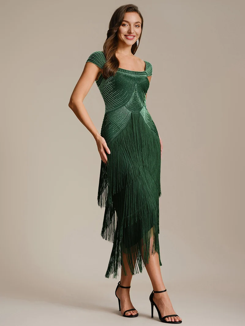ever LUMINE|Robe midi à bretelles en forme de fourreau ornée de perles et de sequins avec décolleté carré