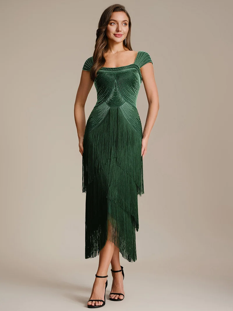 ever LUMINE|Robe midi à bretelles en forme de fourreau ornée de perles et de sequins avec décolleté carré