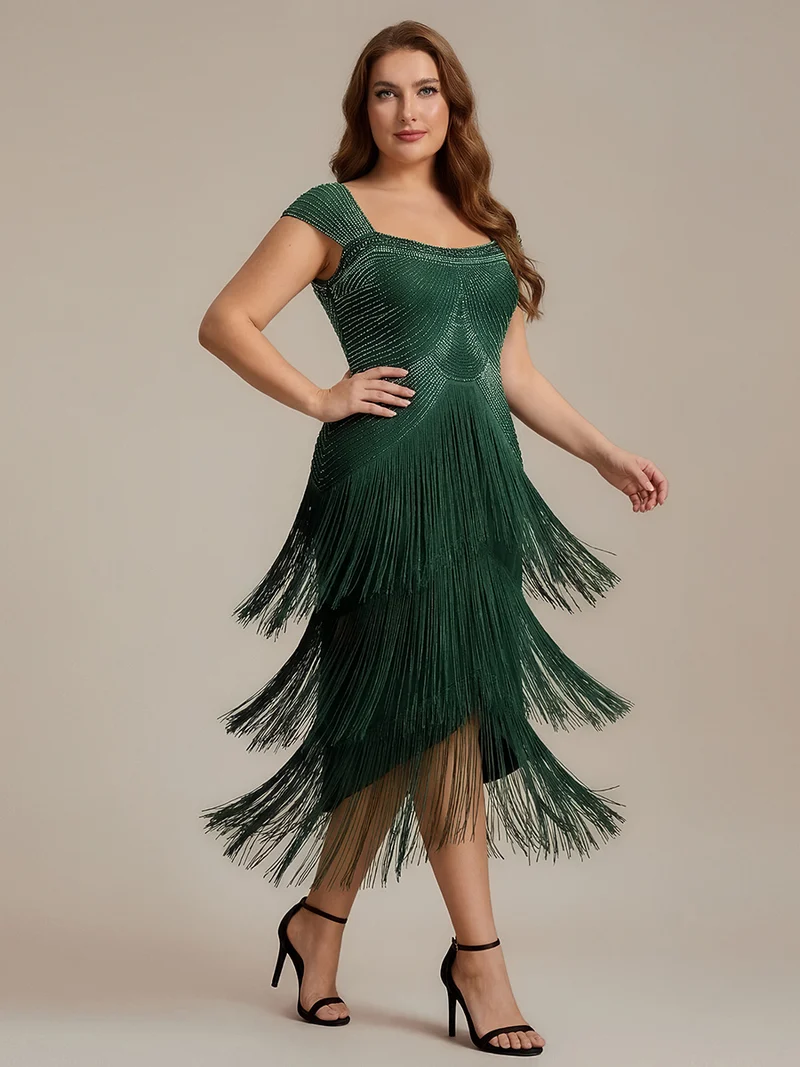 ever LUMINE|Robe midi à bretelles en forme de fourreau ornée de perles et de sequins avec décolleté carré